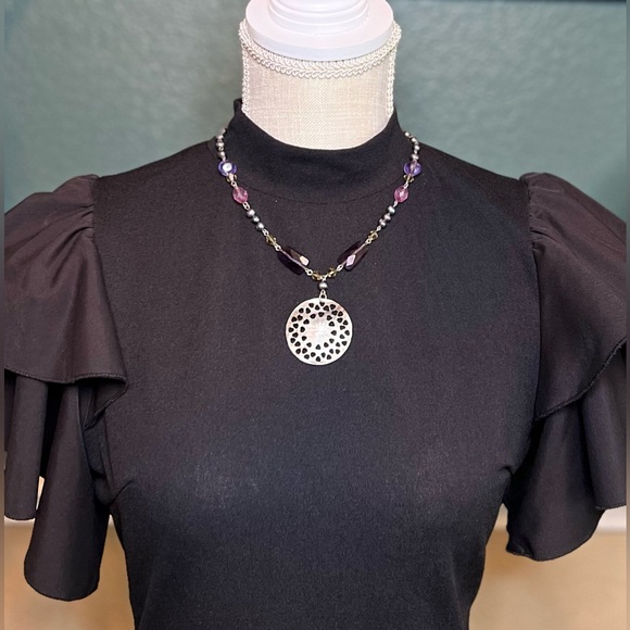 Vintage Boho Lia Sophia Abalone Shell Purple Glass Beads Pearled Necklace - Picture 2 of 6